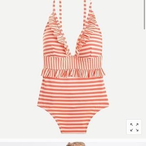JCrew coral/orange strip deep V plunge one piece-0